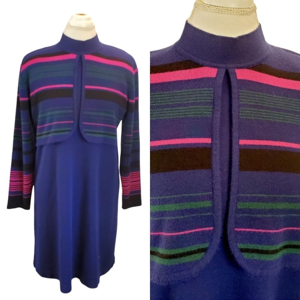 Vintage 90s Longsleeve‎ Sweater Dress Faux Cardigan Blue Wool Blend Sz Medium